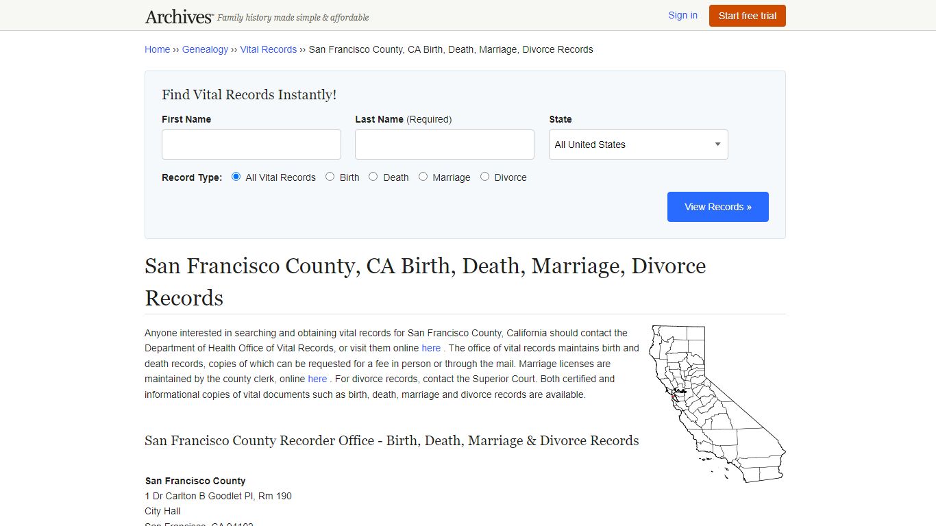 San Francisco County, CA Birth, Death, Marriage, Divorce Records